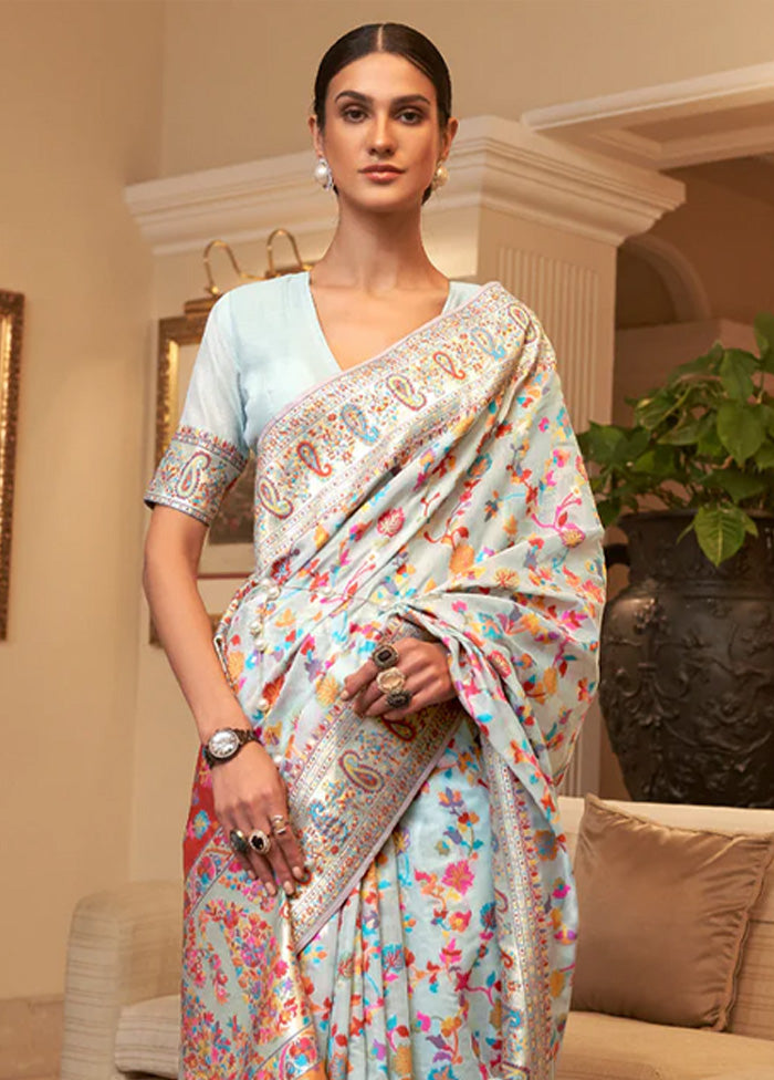 Sky Blue Banarasi Silk Saree With Blouse Piece