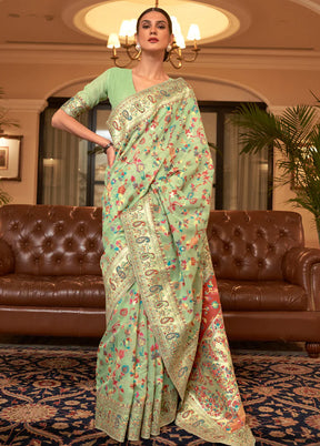 Pista Green Banarasi Silk Saree With Blouse Piece