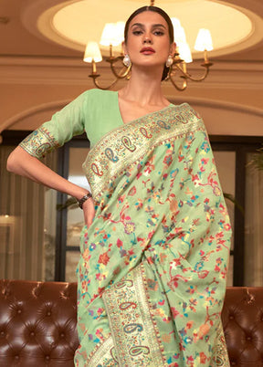 Pista Green Banarasi Silk Saree With Blouse Piece