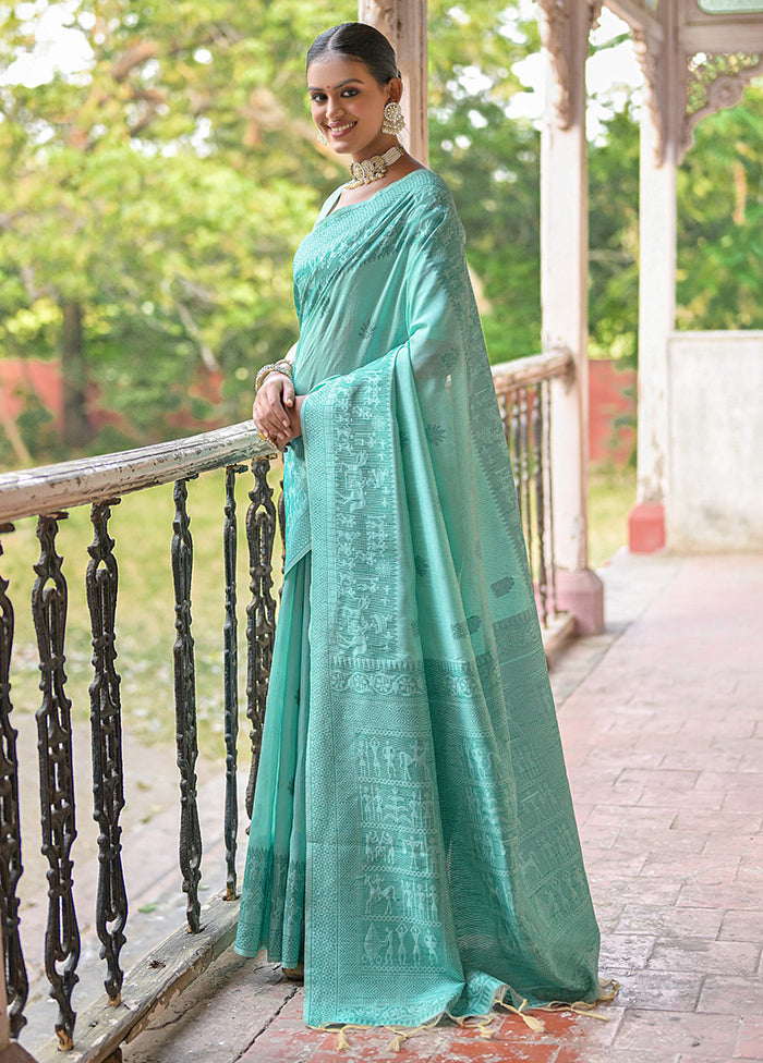 Sea Green Dupion Silk Saree With Blouse Piece