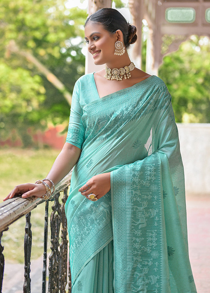 Sea Green Dupion Silk Saree With Blouse Piece