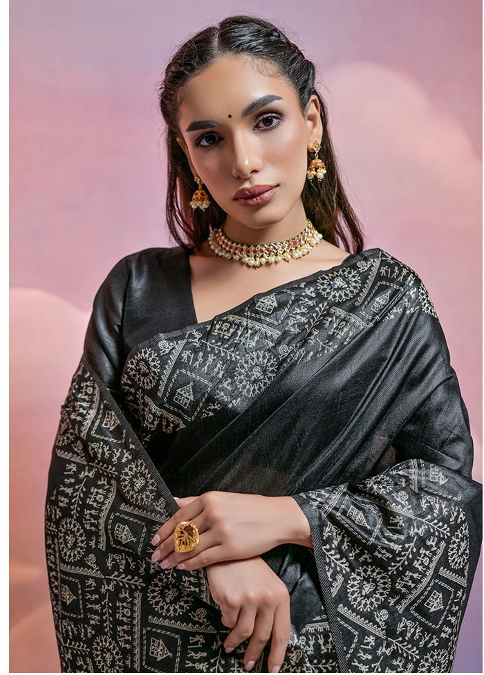 Black Dupion Silk Saree With Blouse Piece