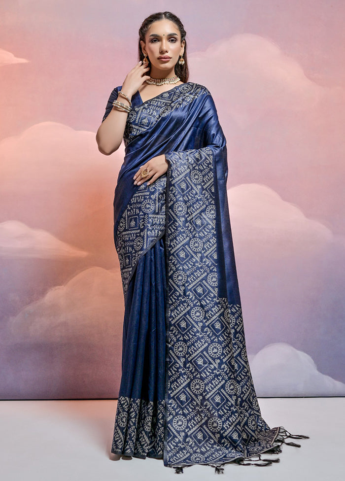 Navy Blue Dupion Silk Saree With Blouse Piece