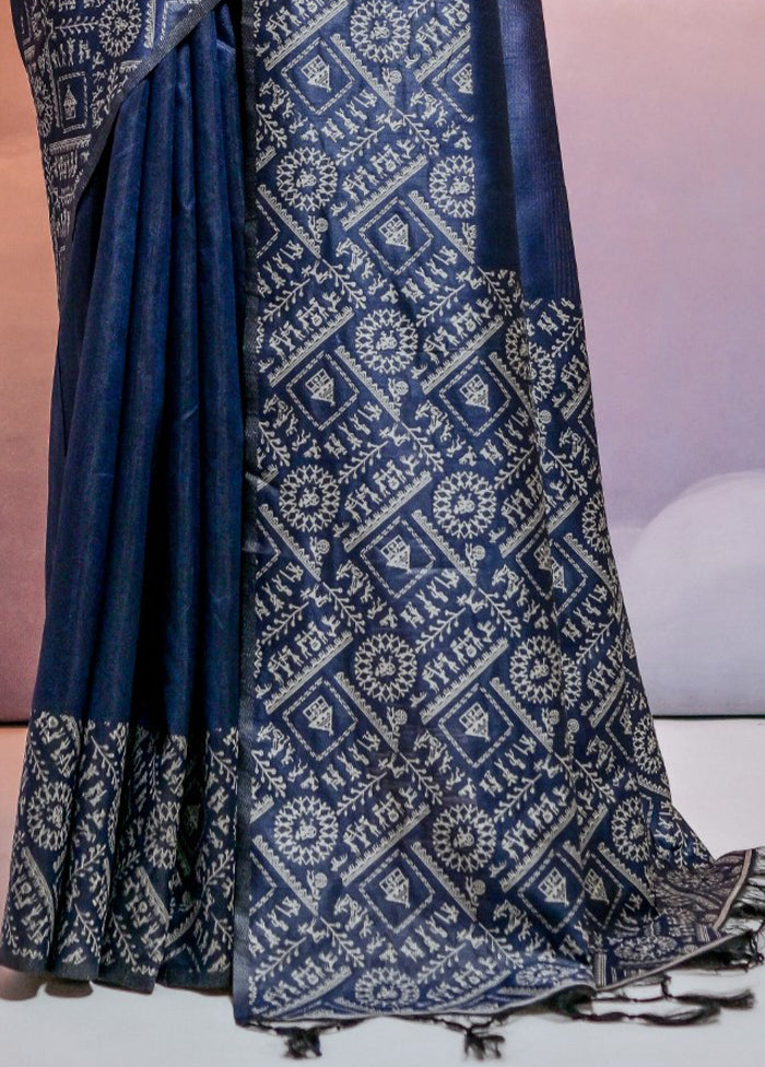 Navy Blue Dupion Silk Saree With Blouse Piece