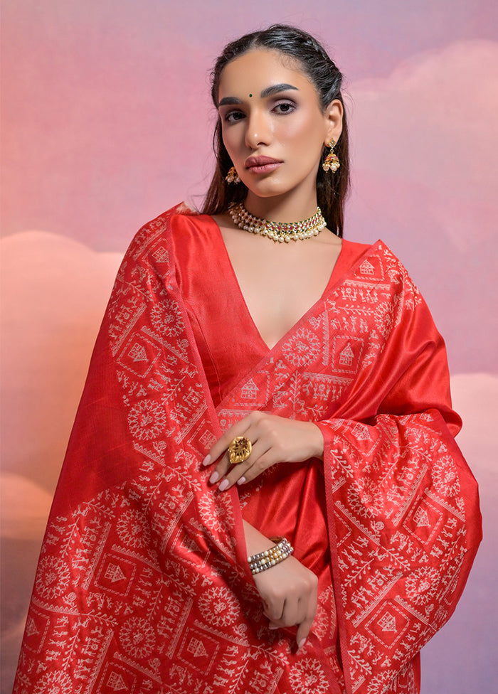 Red Dupion Silk Saree With Blouse Piece