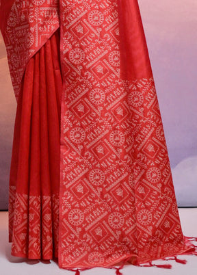 Red Dupion Silk Saree With Blouse Piece