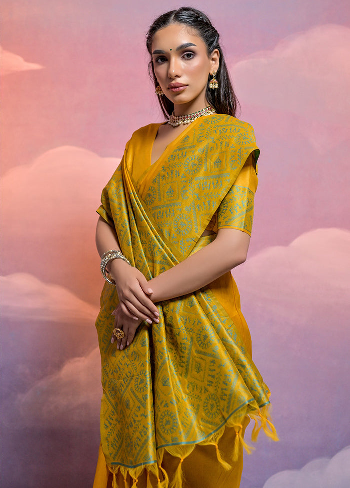 Yellow Dupion Silk Saree With Blouse Piece