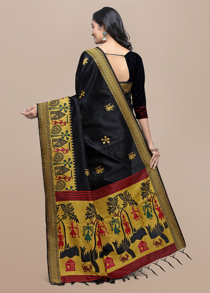 Black Spun Silk Saree With Blouse Piece