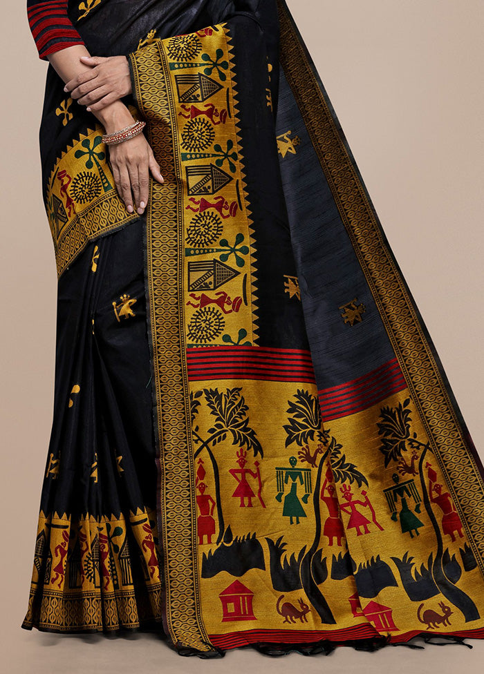 Black Spun Silk Saree With Blouse Piece