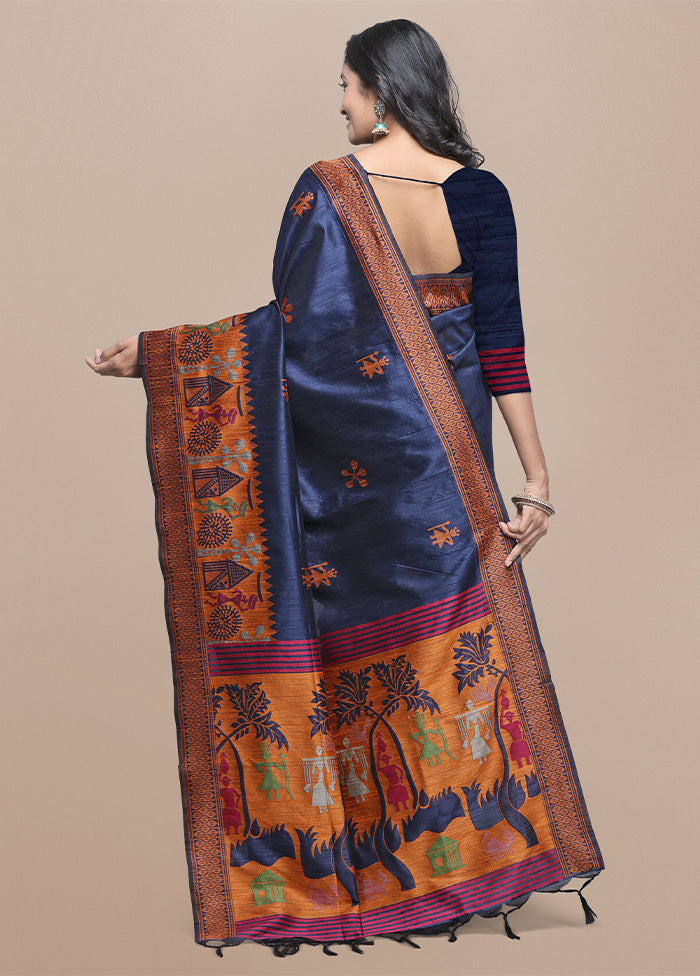 Blue Spun Silk Saree With Blouse Piece