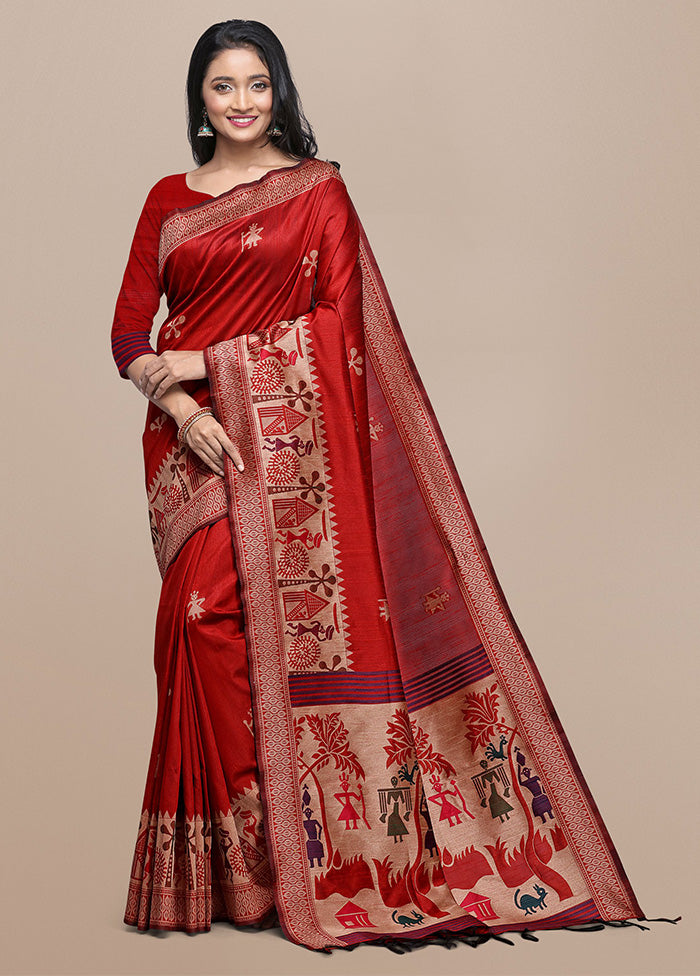 Red Spun Silk Saree With Blouse Piece