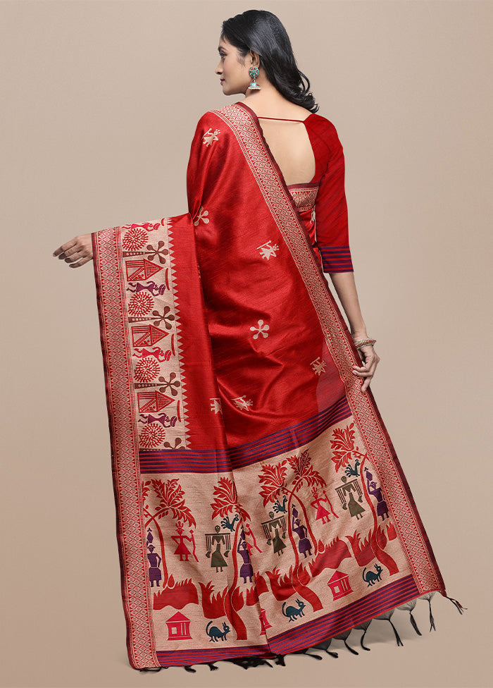 Red Spun Silk Saree With Blouse Piece