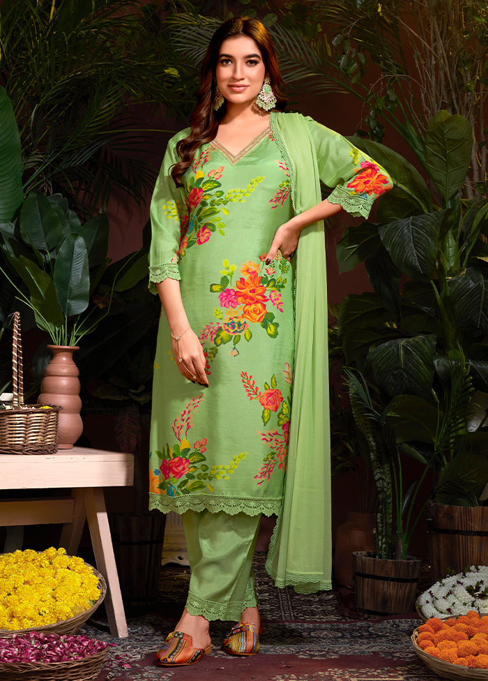 3 Pc Green Pure Readymade Silk Suit Set