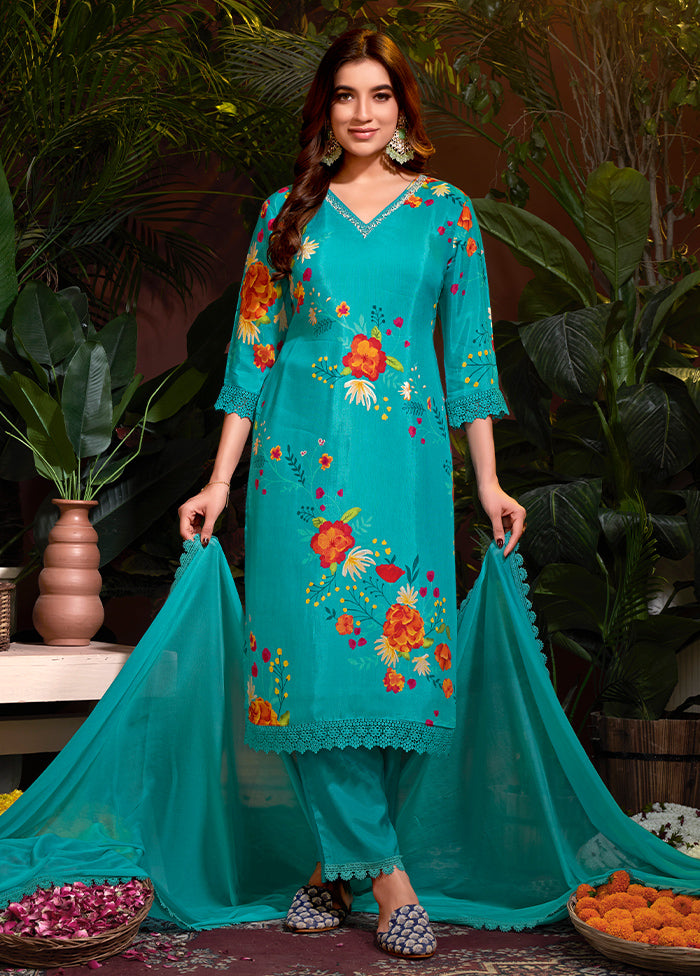 3 Pc Sea Blue Pure Readymade Silk Suit Set