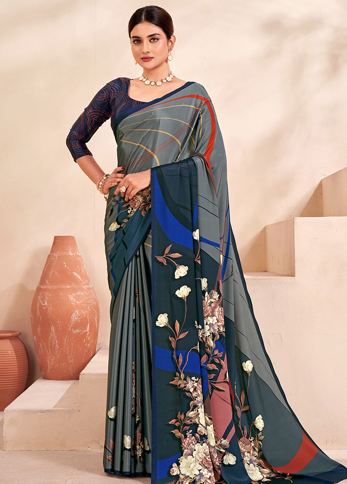 Grey Crepe Silk Saree With Blouse Piece