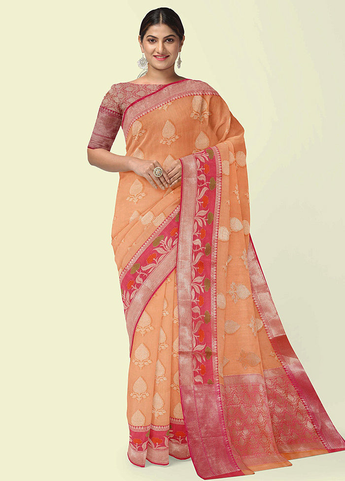 Orange Cotton Zari Saree Without Blouse Piece - Indian Silk House Agencies