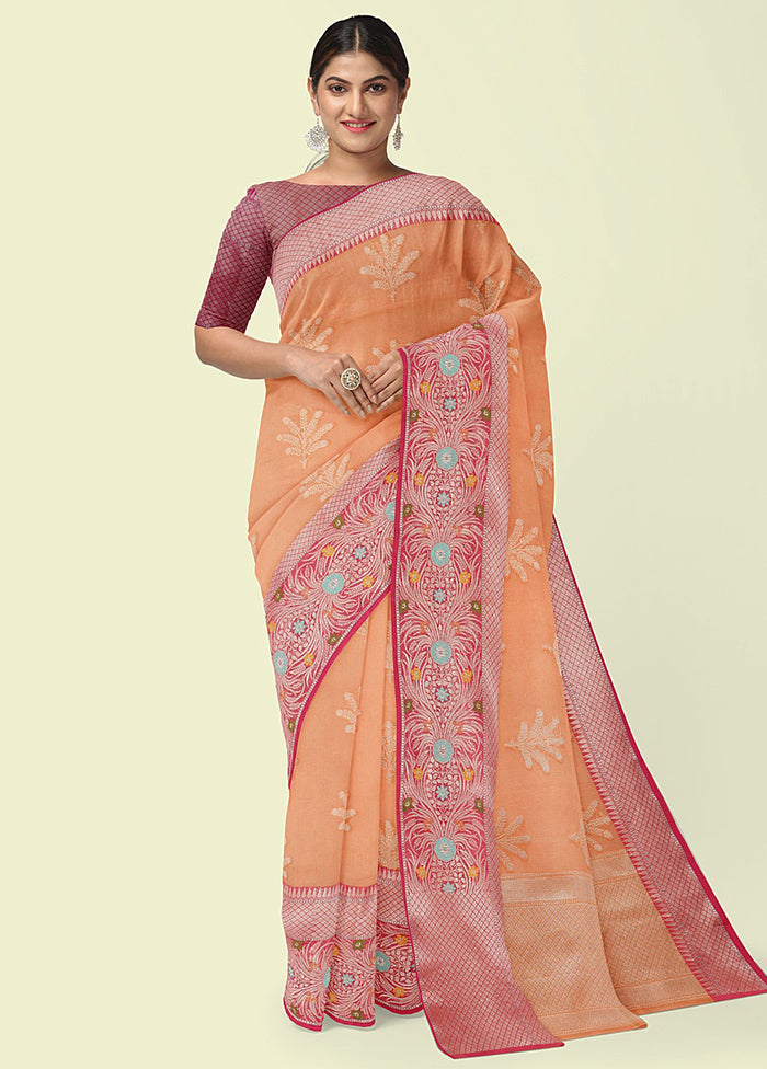 Orange Cotton Zari Saree Without Blouse Piece - Indian Silk House Agencies