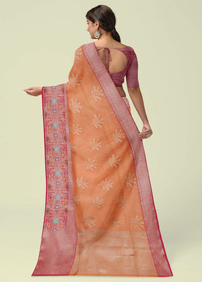 Orange Cotton Zari Saree Without Blouse Piece - Indian Silk House Agencies