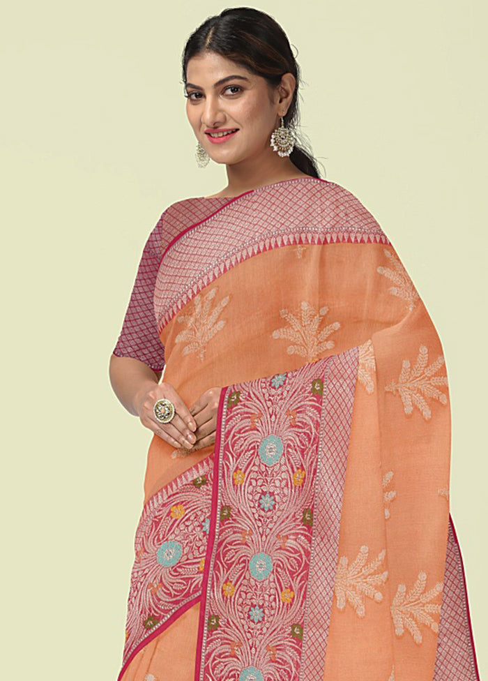 Orange Cotton Zari Saree Without Blouse Piece - Indian Silk House Agencies