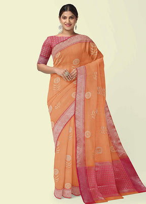 Orange Cotton Zari Saree Without Blouse Piece - Indian Silk House Agencies