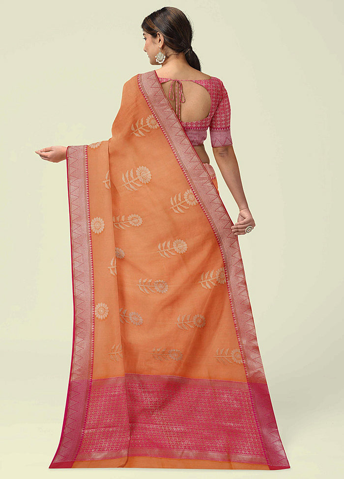 Orange Cotton Zari Saree Without Blouse Piece - Indian Silk House Agencies