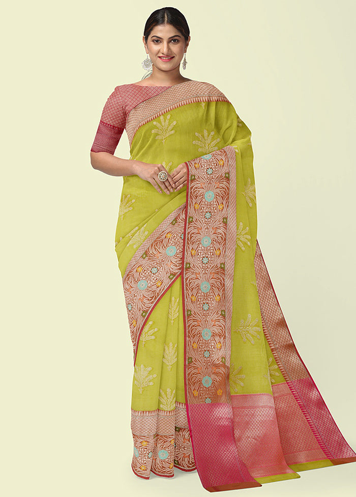 Green Cotton Zari Saree Without Blouse Piece - Indian Silk House Agencies