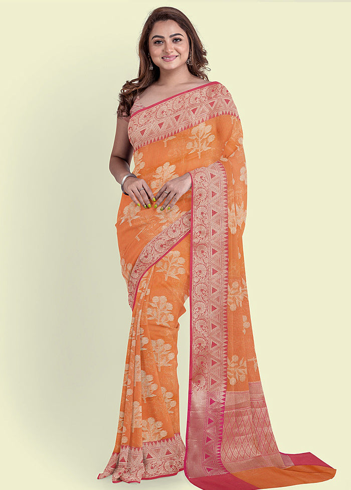 Orange Cotton Zari Saree Without Blouse Piece - Indian Silk House Agencies