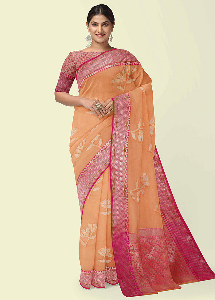 Orange Cotton Zari Saree Without Blouse Piece - Indian Silk House Agencies