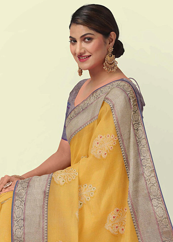 Yellow Cotton Zari Saree Without Blouse Piece - Indian Silk House Agencies