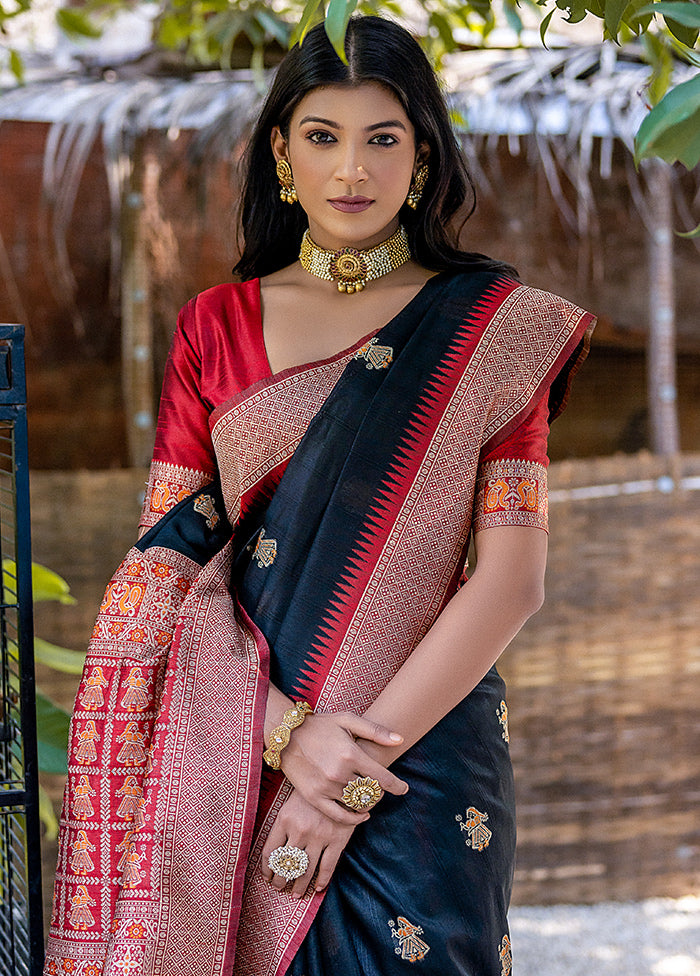 Black Tussar Silk Saree With Blouse Piece