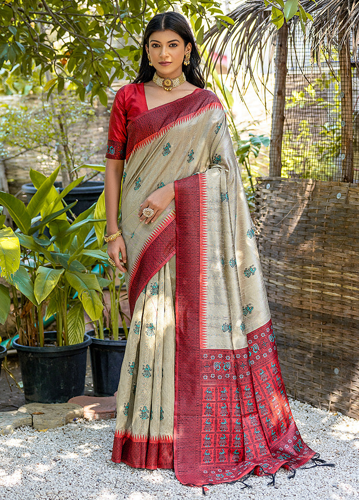 Cream Tussar Silk Saree With Blouse Piece