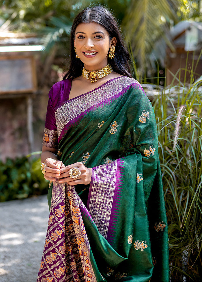 Green Tussar Silk Saree With Blouse Piece