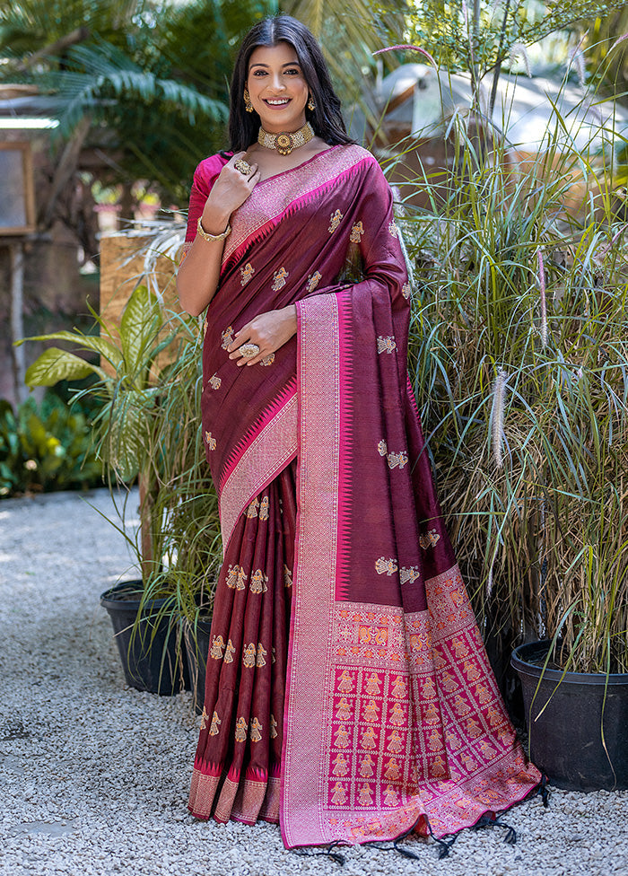 Maroon Tussar Silk Saree With Blouse Piece