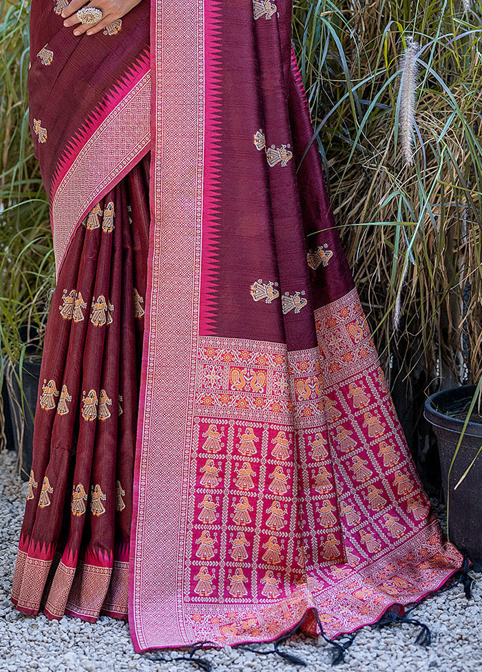 Maroon Tussar Silk Saree With Blouse Piece