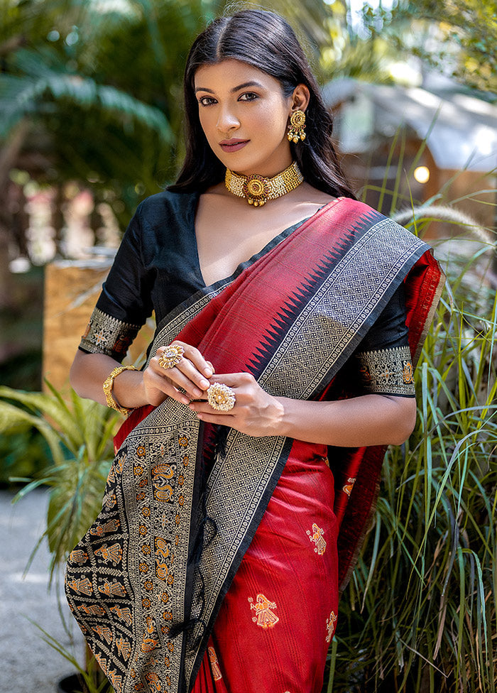 Red Tussar Silk Saree With Blouse Piece