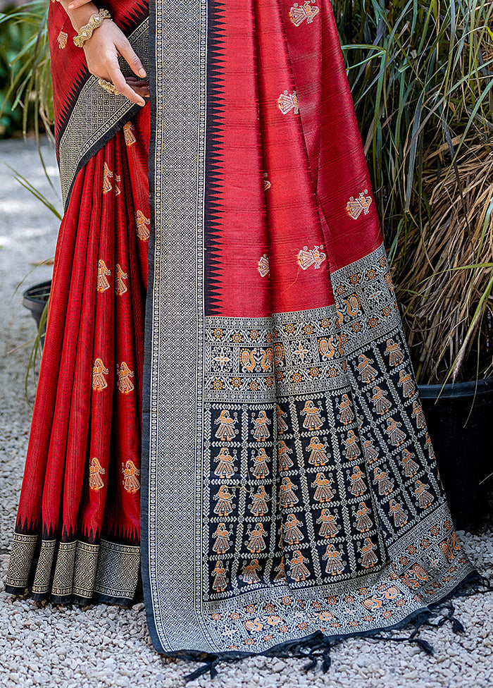 Red Tussar Silk Saree With Blouse Piece