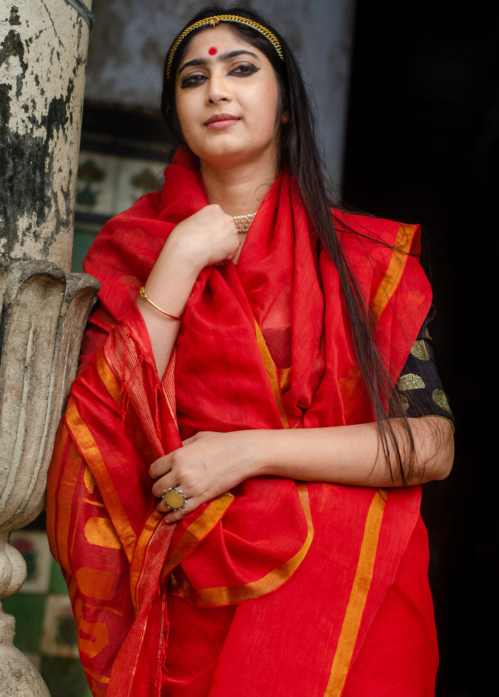 Red Pure Resham Jamdani Saree With Blouse Piece - Indian Silk House Agencies