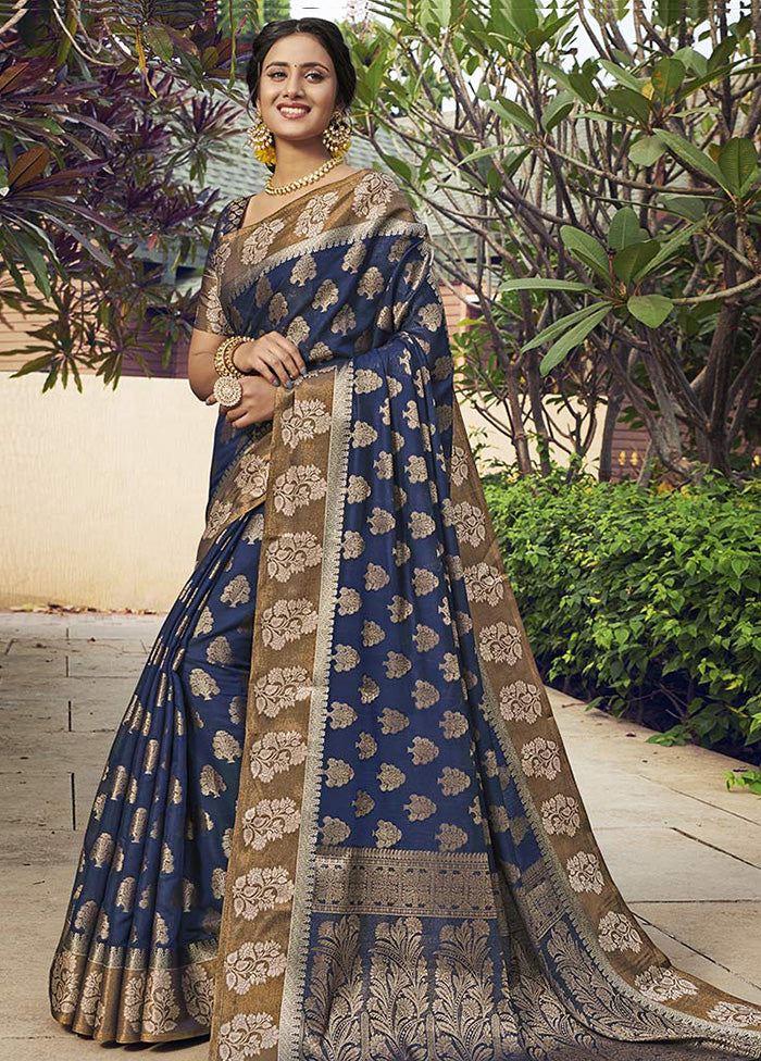 Navy Blue Spun Silk Saree With Blouse Piece - Indian Silk House Agencies