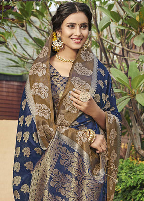 Navy Blue Spun Silk Saree With Blouse Piece - Indian Silk House Agencies