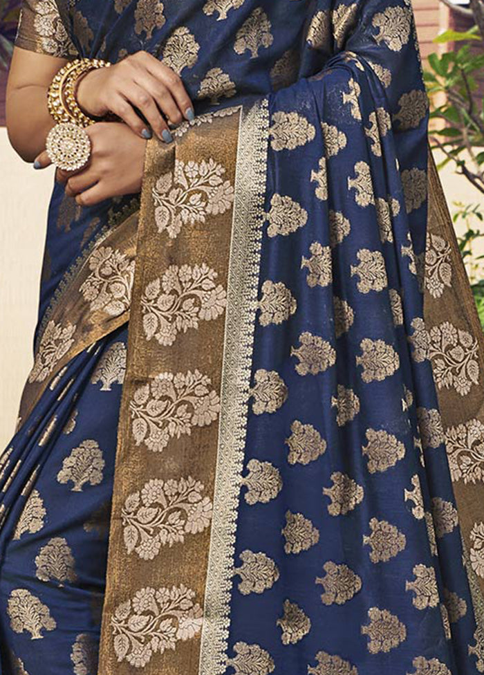 Navy Blue Spun Silk Saree With Blouse Piece - Indian Silk House Agencies