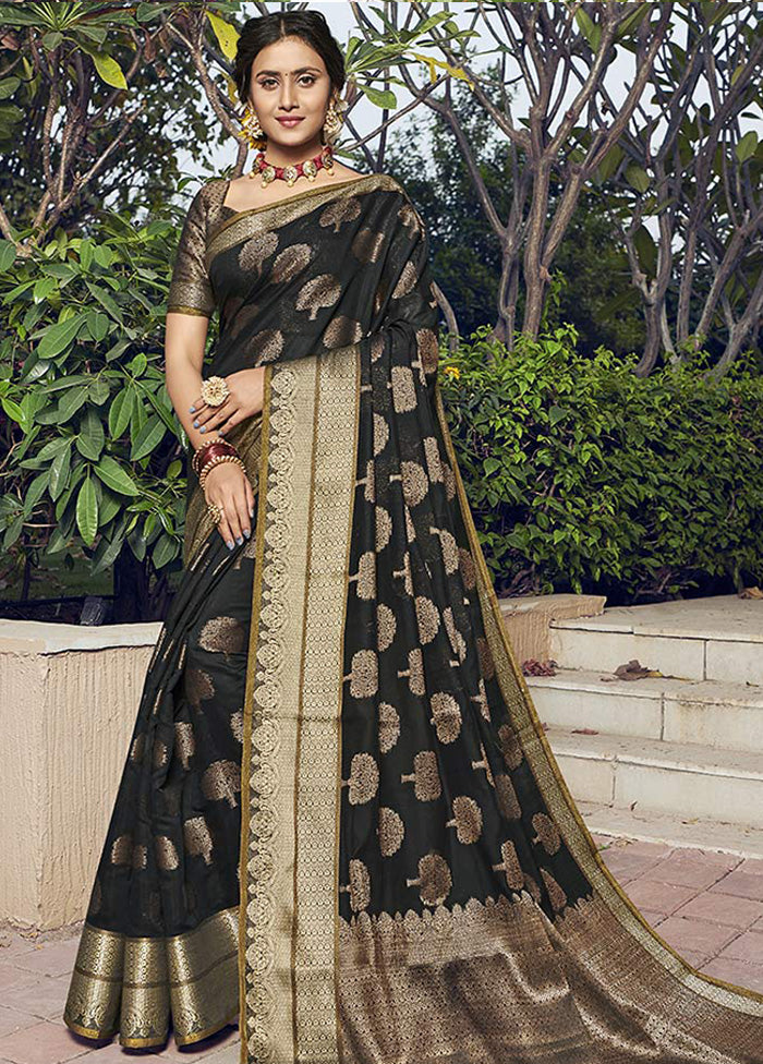 Black Spun Silk Saree With Blouse Piece - Indian Silk House Agencies