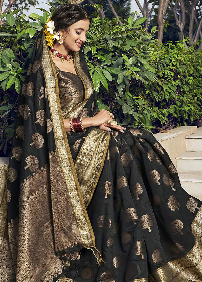 Black Spun Silk Saree With Blouse Piece - Indian Silk House Agencies