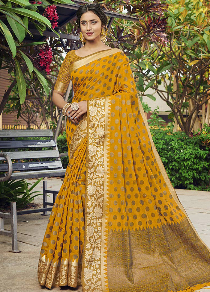 Mustard Spun Silk Saree With Blouse Piece - Indian Silk House Agencies