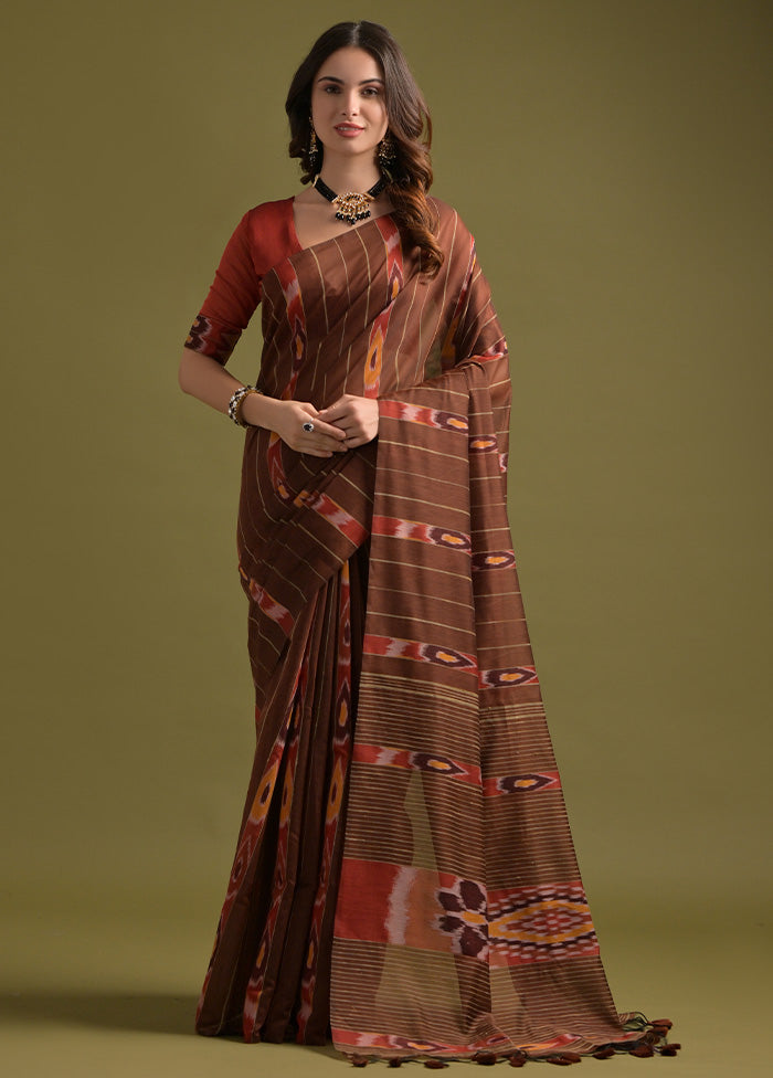 Coffee Pure Cotton Saree With Blouse Piece