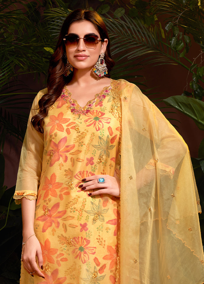 3 Pc Mustard Pure Readymade Silk Suit Set