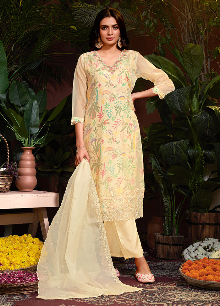 3 Pc Beige Pure Readymade Silk Suit Set