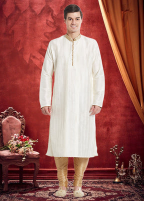 2 Pc White Dupion Silk Kurta Churidar Set