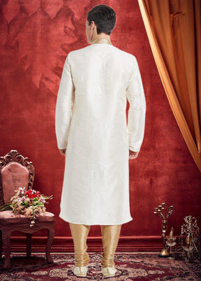 2 Pc White Dupion Silk Kurta Churidar Set