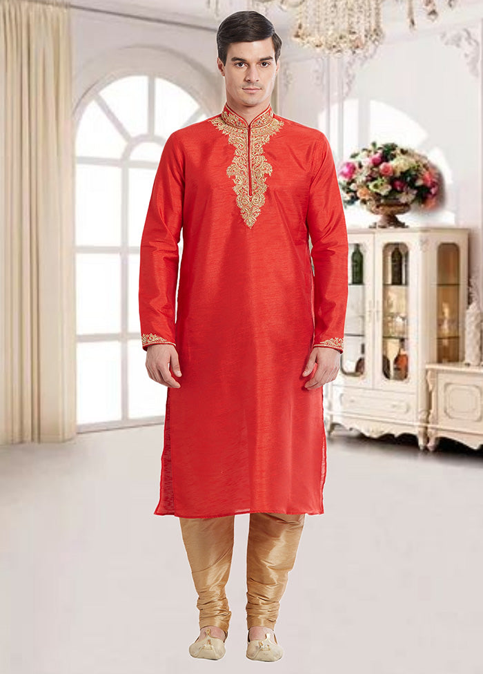 2 Pc Red Dupion Silk Kurta Churidar Set