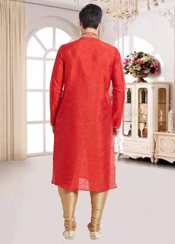 2 Pc Red Dupion Silk Kurta Churidar Set